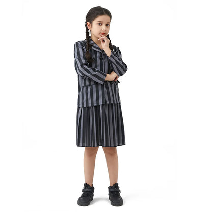 Girl Addams Family Halloween Cosplay Costume Girls Gray Purple Wednesday Addams Uniform Suit Skirts Wig Hand Wednesday Clothes
