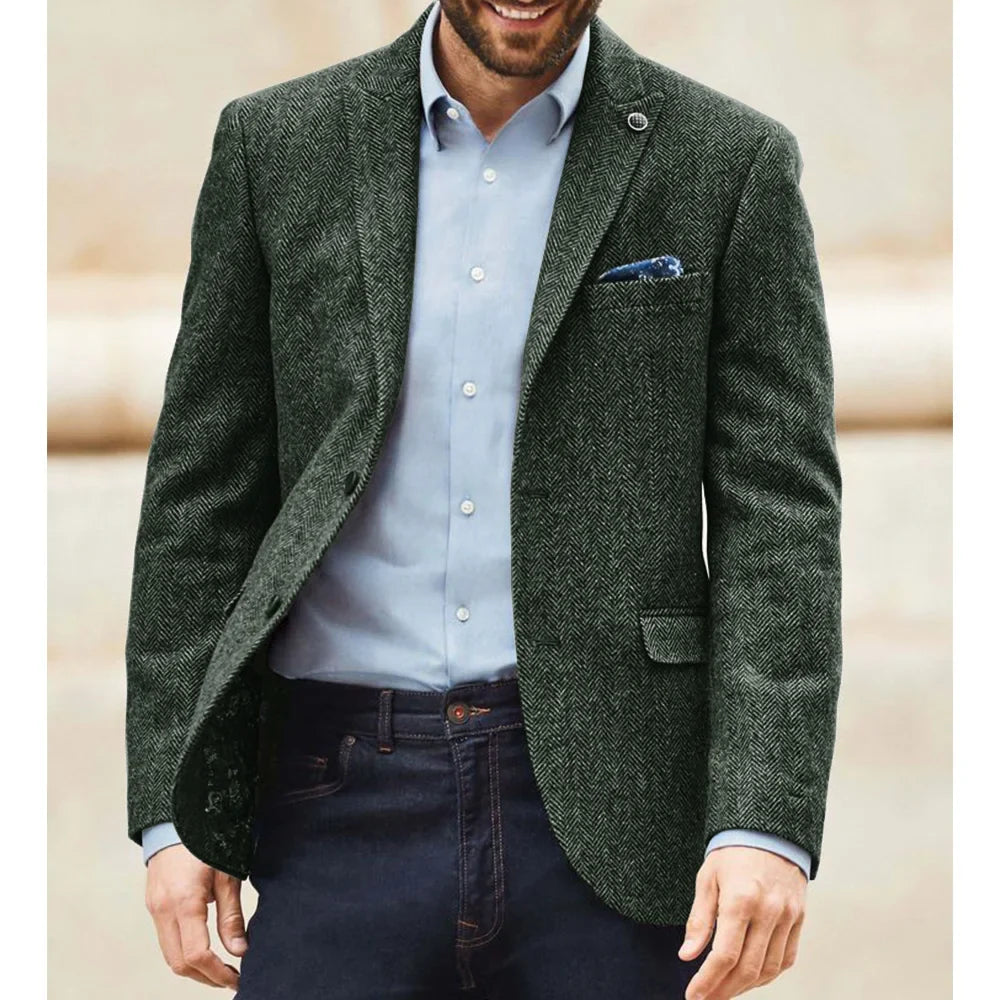 Men's Herringbone Tweed Suit Blazer Classic Notch Lapel Dress Jacket Elegant Slim Fit Fashion Simple Casual Business Outerwear
