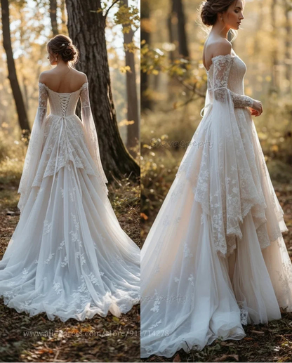 Medieval Renaissance Period Wedding Dress With Off Shoulder Cape Sleeves Lace A-Line Vintage Victorian Bride Gown Customized