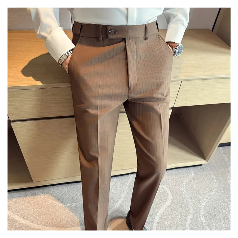 Autumn Winter Thick Suit Pants Men Elastic Waist Business Classic Straight Striped Formal Pants High Quality Slim Fit Trousers