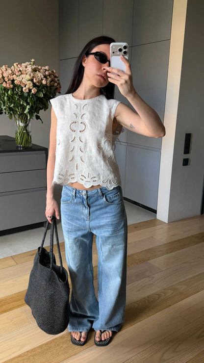 Summer Women Linen Two Piece Set Cut-Out Embroidered Sleeveless Top Midi Skirt Boho Beach Vacation Style