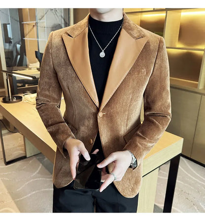 Splicing Leather Neck Fashion Suit Jacket Luxury Men's Business Slim Fit Social Formal Blazers Coats Wedding Groom Tuxedos 5XL-M