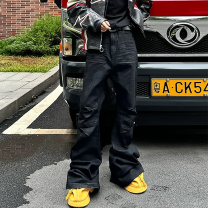 Streetwear Black Glue Coated Boot Cut for Men and Women Straight Baggy Casual Flare Pants Oversized Loose Denim Trousers