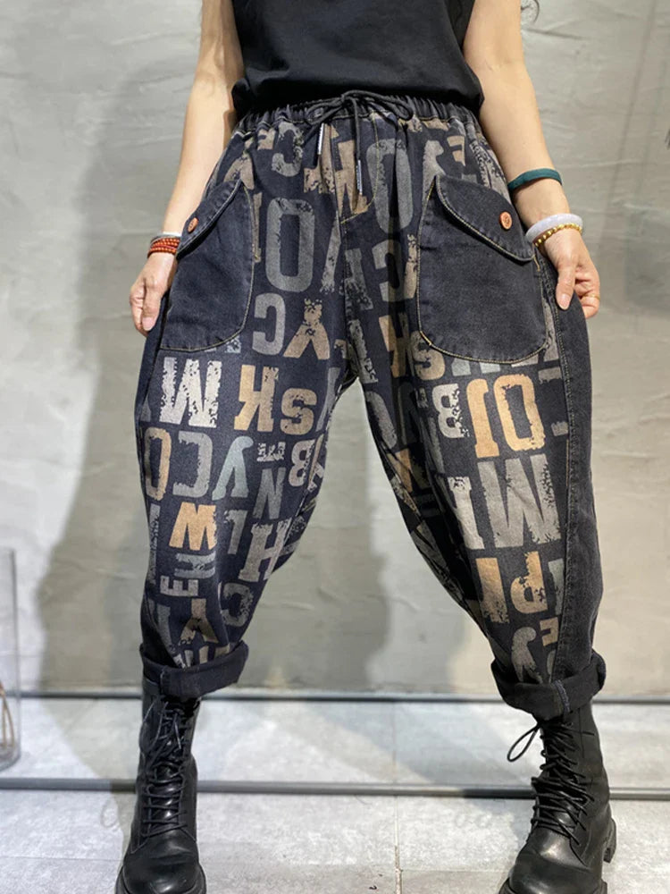 Korean Design Womens Printed Loose Jeans Fall Fashion Letter Elastic Denim Pants Ladies Leisure Punk Harem Trousers