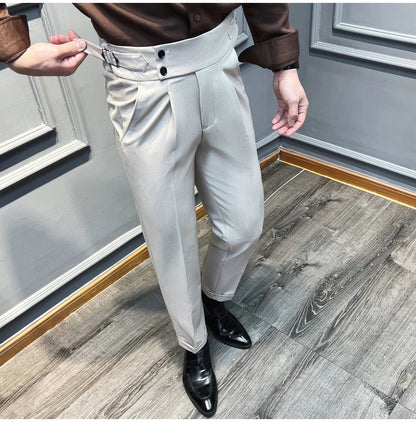 Italian Style Naples High Waisted Straight Pants Men High Quality Solid Color Business Casual Formal Office Social Suit Pants