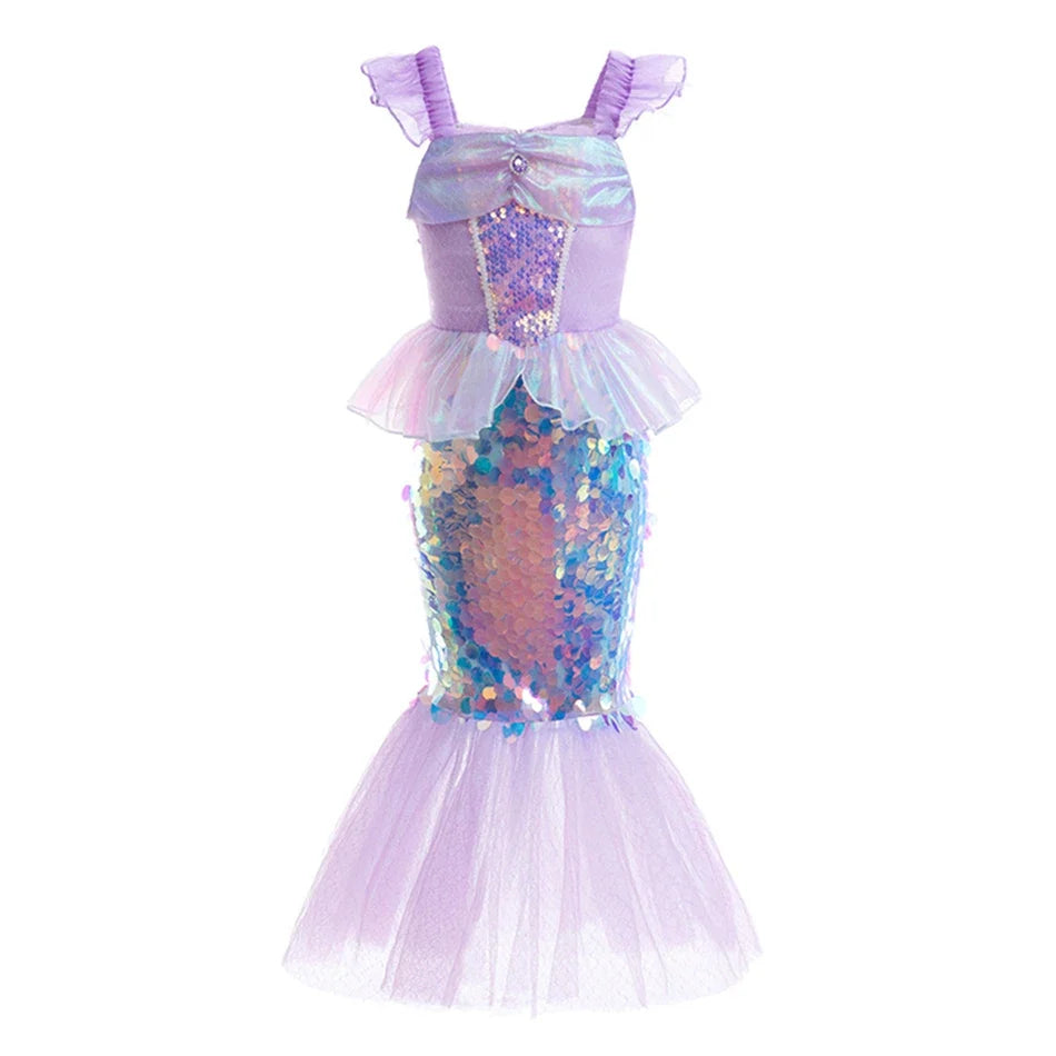 Little Girls Summer Clothing Children Ariel Mermaid Cosplay Blue Green Pink Sunshine Beach Enjoy Vacation Princess Ruffles Dress