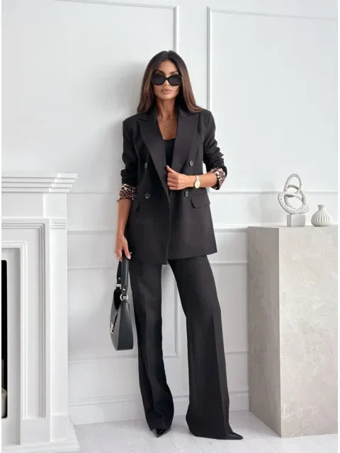 Autumn Winter New Style Women's Suit Coat Long Sleeve Double Buttoned Outerwear Top Cross-Border Fashion Polyester Fiber