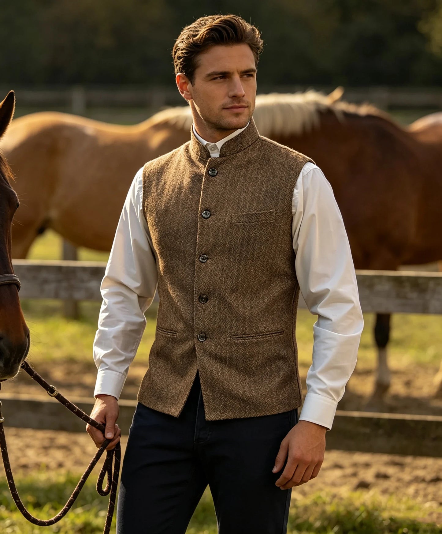 Mens Suit Tweed Vest Stand Collar Single Breasted Herringbone Sleeveless Waistcoat Casual Business Wedding Party Outerwear Gilet
