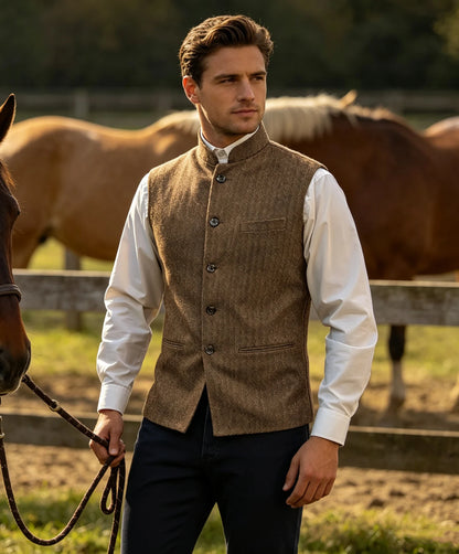 Mens Suit Tweed Vest Stand Collar Single Breasted Herringbone Sleeveless Waistcoat Casual Business Wedding Party Outerwear Gilet