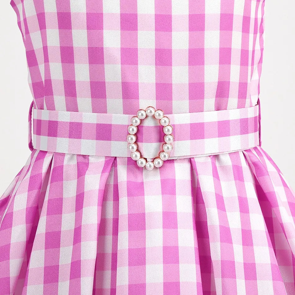 Halloween Hot Movie Barbei Baby Girl Pink Cowboy Look Dress Summer Beach Stripe Cute Sleeveless Plaid Slim Strap Dress Set