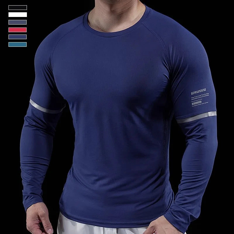 Autumn New Men's Sports Gym Fitness Clothes Reflective Strips Round Neck Training Long-sleeved T-shirt Running Slim Breathable