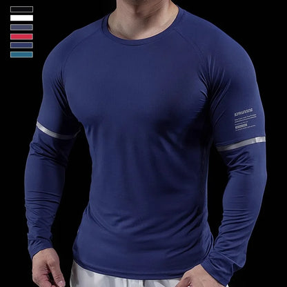 Autumn New Men's Sports Gym Fitness Clothes Reflective Strips Round Neck Training Long-sleeved T-shirt Running Slim Breathable