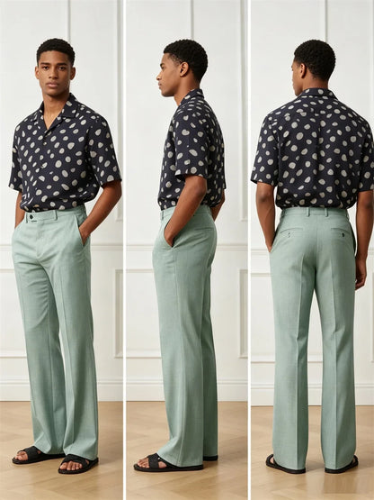 Men's High Waist Flared Pants Linen Blend Slim Fit Bell Bottoms Trousers Lightweight Breathable 70s 60s Disco Vintage Outfits
