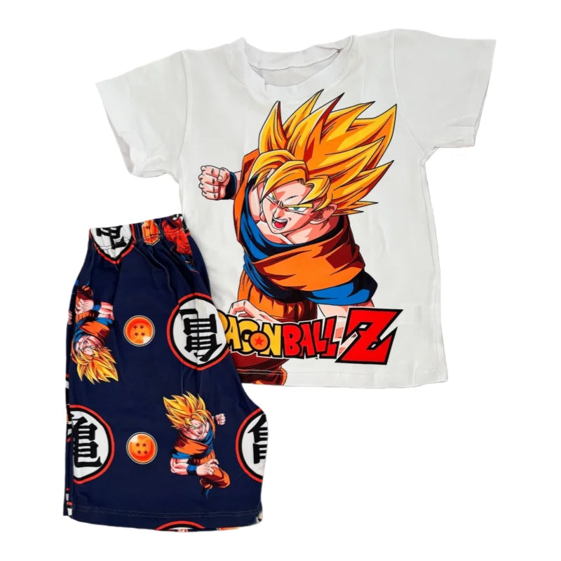 2026 Summer Dragon Ball Z Goku Super Saiyan Print Kids 2 Piece Outfit Boys Casual T-shirt & Shorts Set Anime Pajamas Beach Suit