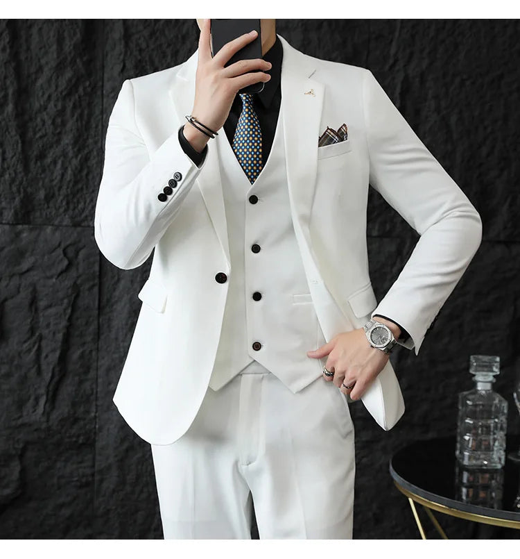 S-7XL Jacket Vest Pants Luxury Elasticity Boutique Fashion Men's Solid Color Casual Business Suit 3-piece Sets Groom Wedding