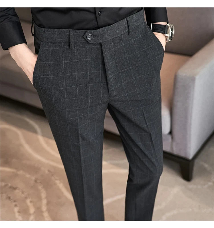 2026 High Quality Men's Plaid Striped Suit Pants Fashion Business Slim Fit Casual Straight Pants Formal Wedding Party Trousers