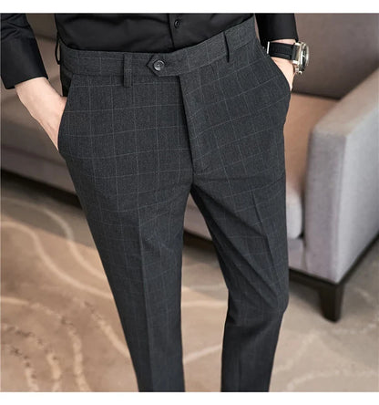 2026 High Quality Men's Plaid Striped Suit Pants Fashion Business Slim Fit Casual Straight Pants Formal Wedding Party Trousers