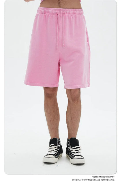 Fashion Summer Men 420gsm Washed Cotton Shorts Retro Unisex High Street Terry Knee Length Short Pants Streetwears HY0845