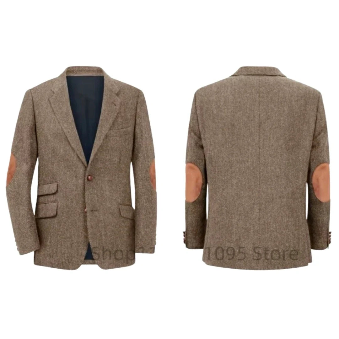Men's Brown Herringbone Tweed Blazer Single Breasted Two Buttons Business Wedding Prom Tuxedo Jacket Casual Smart Suits Top