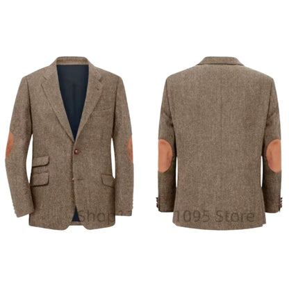 Men's Brown Herringbone Tweed Blazer Single Breasted Two Buttons Business Wedding Prom Tuxedo Jacket Casual Smart Suits Top