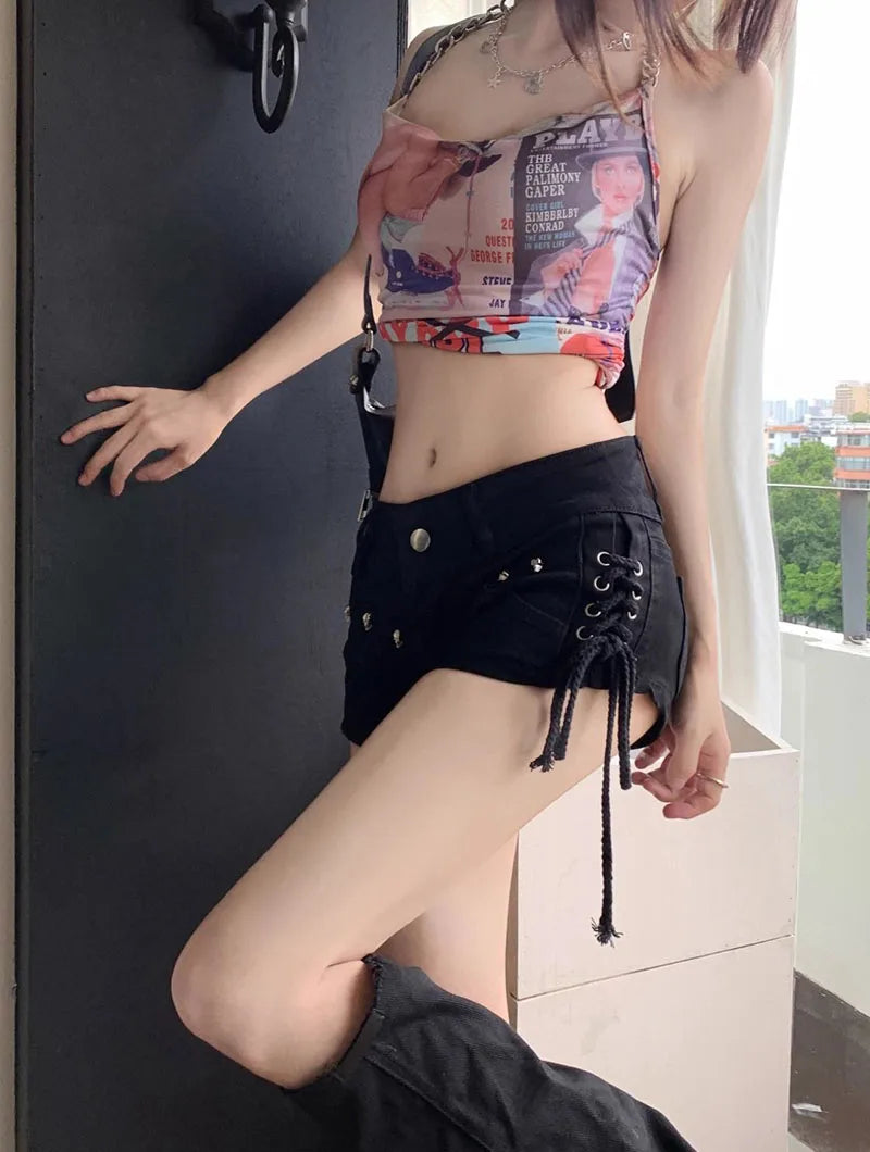 Black Gothic Punk Denim Shorts for Women Creativity Lace-Up Popular Y2K Cowboy Short Pants Lady Sexy Skinny Elastic Jean Shorts