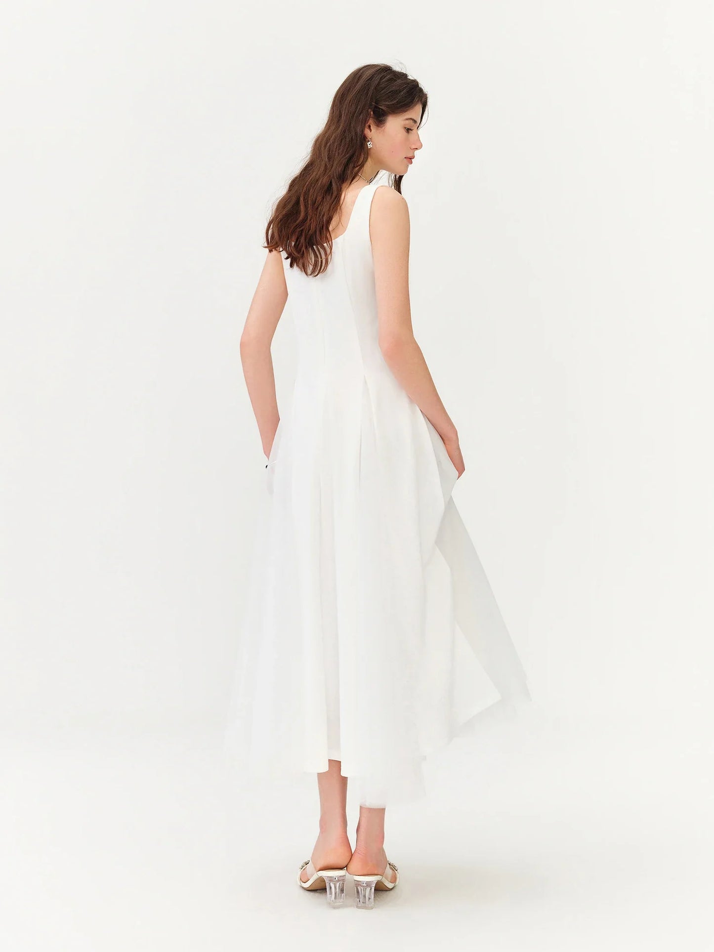 2026 Summer Women‘s Square Neck Tulle A-Line Maxi Dress Vest Collar Flowy Long Dress for Romantic Coquette Summer Style