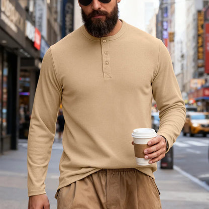 2025 NEW Men's Long Sleeve Henley Shirts Spring Autumn Daily Casual Solid Color Pullover Tops Mens Fashion T Shirt