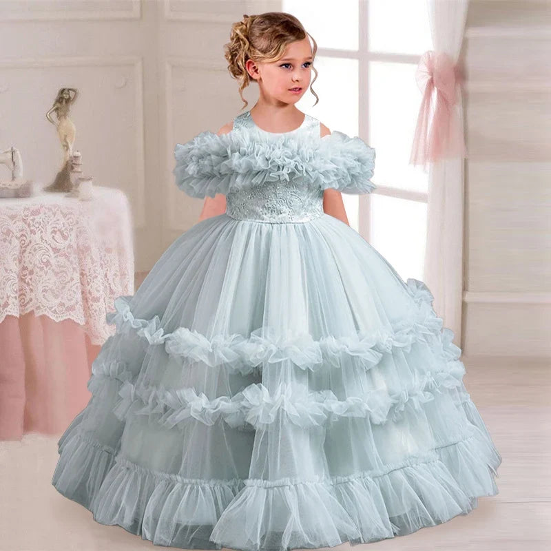 New Elegant Dress for Girls Flower Wedding Long Embroidered Panto Skirt 4-12 Years Old Piano Performance Girl Dress