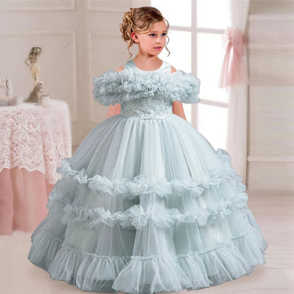 New Elegant Dress for Girls Flower Wedding Long Embroidered Panto Skirt 4-12 Years Old Piano Performance Girl Dress
