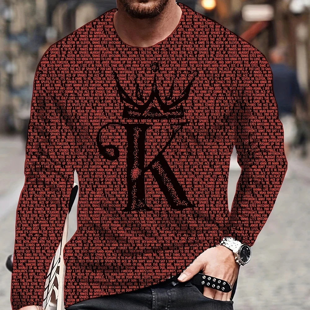 Summer Men's T-Shirt Big Size Loose Retro Short Sleeve Fashion American Poker Letter Print O Neck Long Sleeve Autumn Shirt