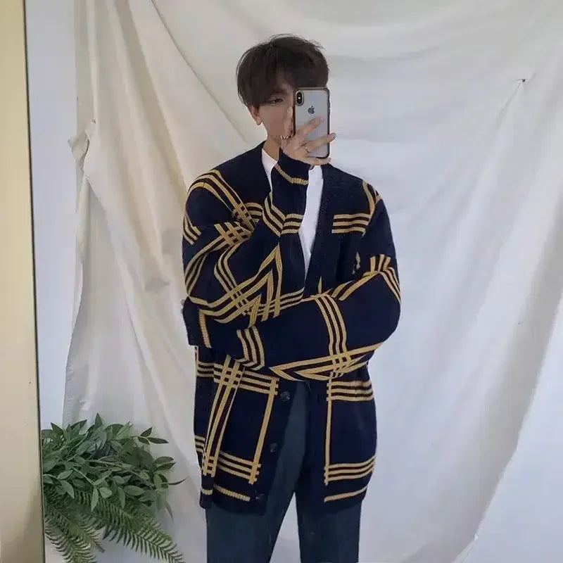 Men's Clothing Cardigan Jacket V Neck Coat Knit Sweater Male Plaid Elegant Casual Long Sleeve 100% Korean 2025 Autumn Classic A