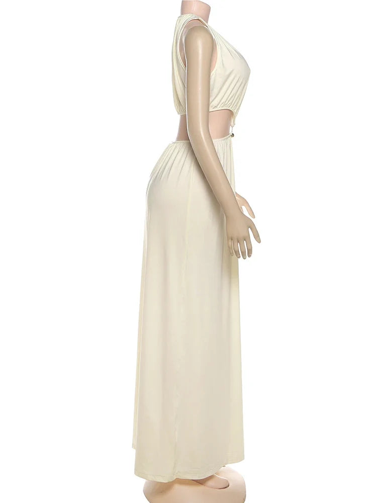 Metal Patchwork Waistless Long Dresses Women o-Neck Sleeveless Summer Vacation Y2K Style Ruched Elegant Vestidos