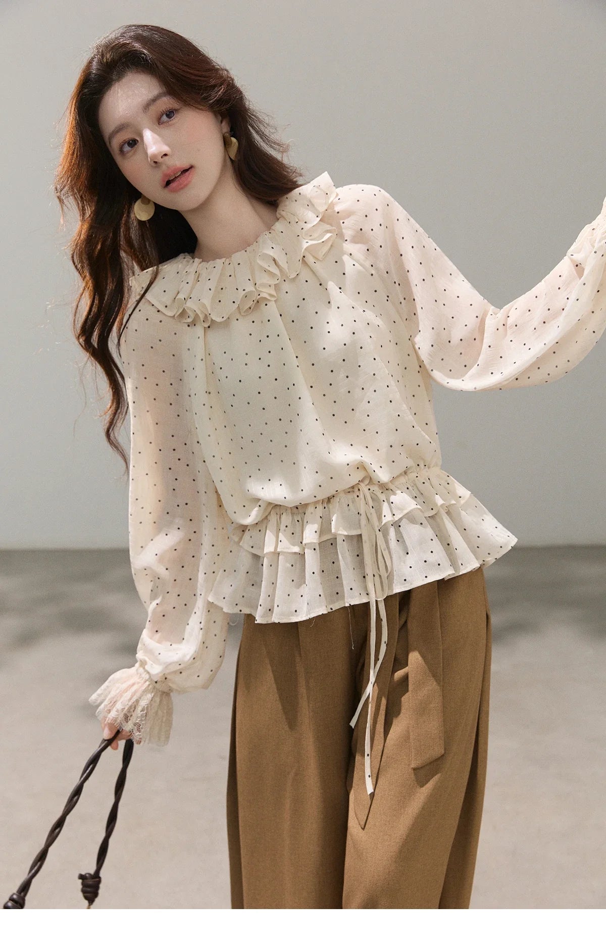 Retro Polka Dot Ruffle Chiffon Blouse 2026 Spring New Apricot Lace Cuffs Design Top Gentle Tie Shirt for Women MXF13X2530