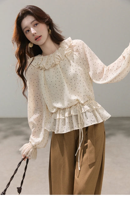 Retro Polka Dot Ruffle Chiffon Blouse 2026 Spring New Apricot Lace Cuffs Design Top Gentle Tie Shirt for Women MXF13X2530