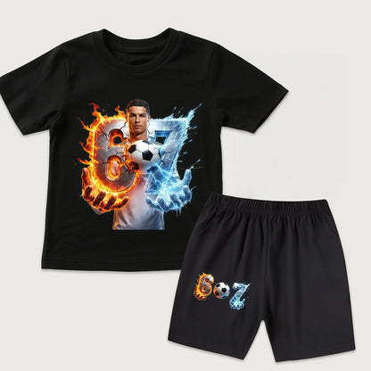 New Arrival CR7 Ronaldo 67 Print Kids Cotton T Shirt Short Sleeve Casual Top Set for Boys Girls