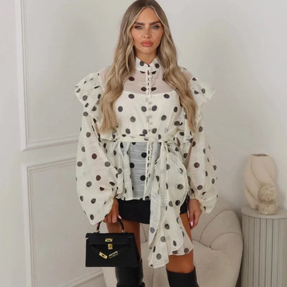 Ticketsx Polka Dot Ruffled Shirts Fashion Contrast Lace Up See Through Button Blouse Top Elegant Party High Street Women Shirt