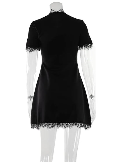 Lace Patchwork Hollow Out Bodycon Sheath High Collar Women Dresses Half Sleeves Outfits Sexy Club Fashion Female Mini Vestidos
