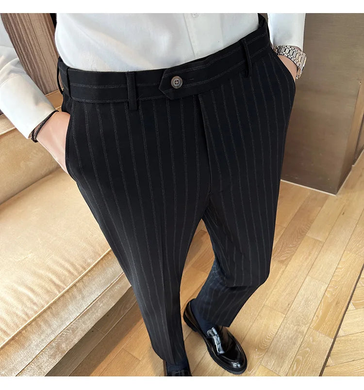 High Quality Striped Suit Pants 2025 Autumn New Fashion Slim Fit Business Elastic waisted Pants Male Wedding Party Trousers