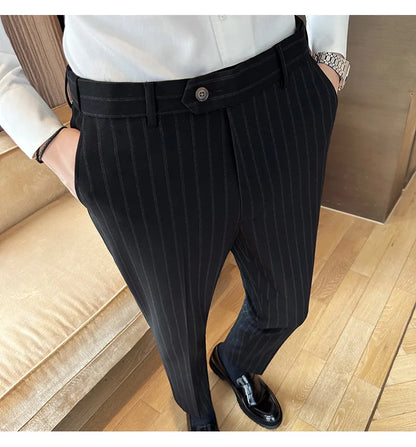 High Quality Striped Suit Pants 2025 Autumn New Fashion Slim Fit Business Elastic waisted Pants Male Wedding Party Trousers