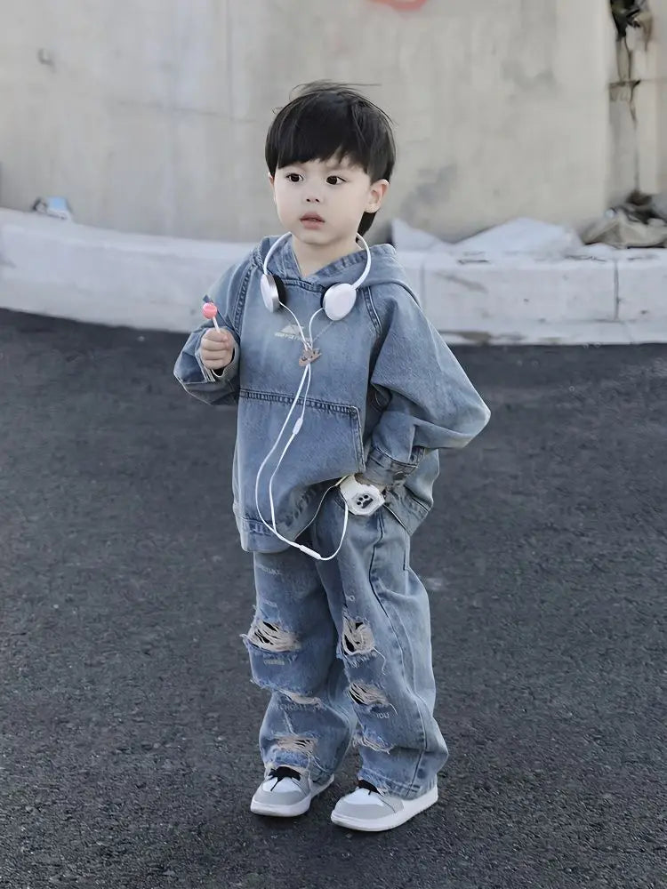 Children's Clothing Boy Denim Jacket Hoodies + Jeans 2 Pcs Set Autumn Spring Vintage Hole Pants Children's Hooded Pullover Top