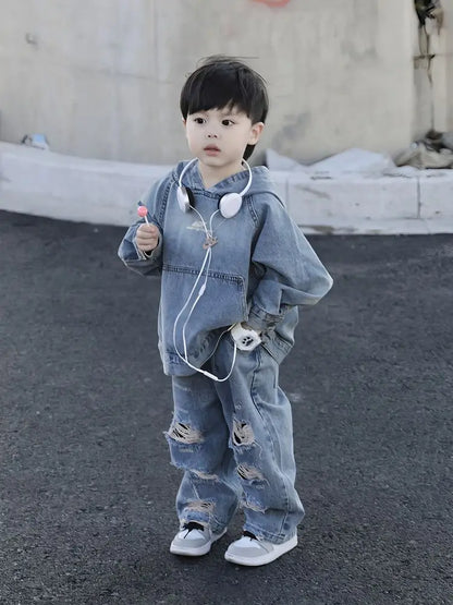 Children's Clothing Boy Denim Jacket Hoodies + Jeans 2 Pcs Set Autumn Spring Vintage Hole Pants Children's Hooded Pullover Top