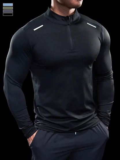 Men Stand Collar Zipper T-shirt Gym Running Training Fitness Bodybuilding Sport Top Quality Elastic Long Sleeve Tight Tops Tees