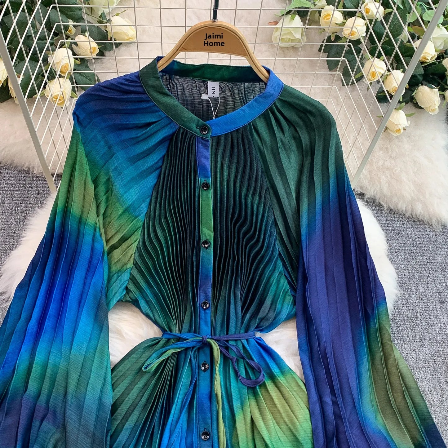 Ele Printed round Ne Lantern Sve Dr Women's Single Button Waist Cinch Maxi Skirt Long Dr Commute Sle Autumn