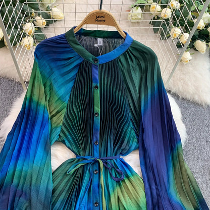 Ele Printed round Ne Lantern Sve Dr Women's Single Button Waist Cinch Maxi Skirt Long Dr Commute Sle Autumn