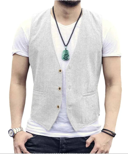 Large Men's Suit Vest  Spring And Summer Linen Cotton Slim Fit Waistcoats Lightweight And Breathable Single Breasted Casual Vest