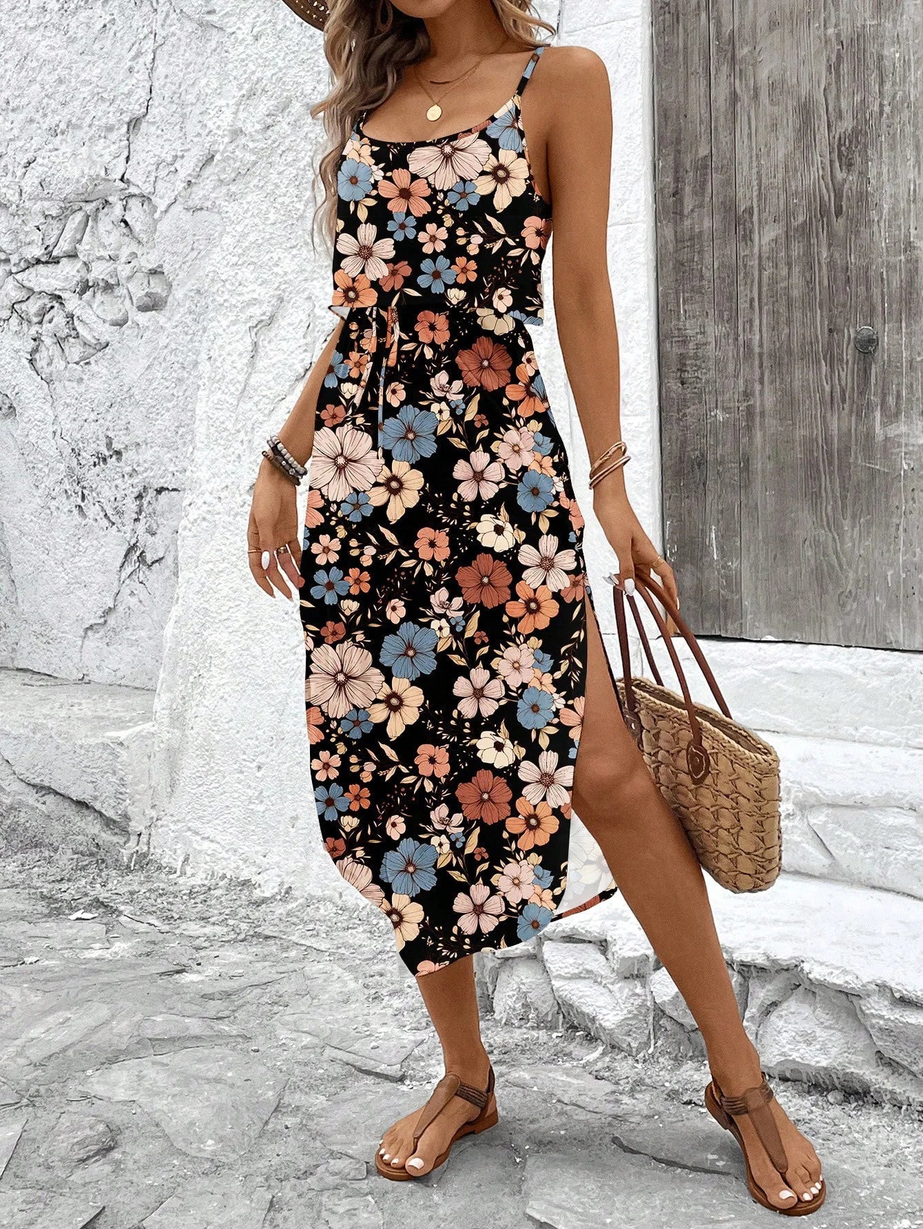 Women's Summer Spaghetti Strap Dress with Belt & Side Slit - Casual Sleeveless Flowy Dress