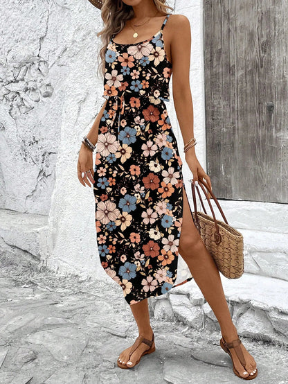 Women's Summer Spaghetti Strap Dress with Belt & Side Slit - Casual Sleeveless Flowy Dress