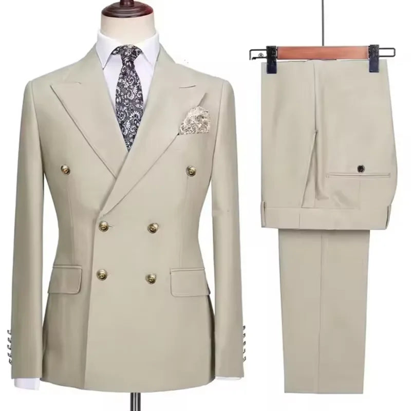 2025 New Men's 2 Piece(Jacket+Pants)Double Breasted Slim Fit Elegant Suit Wedding Groom Business Banquet Tailor-made