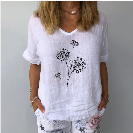 Women Solid Colour Cotton Linen Blouse Top Summer Casual Harajuku Fashion T-shirt Print Loose Blouse Women Tops Streetwear