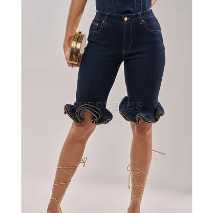 Wave Ruffle Hem Slim Denim Shorts Women Casual High Waist Slim Fit Ruffled Denim Shorts Fashion Slimming Streetwear